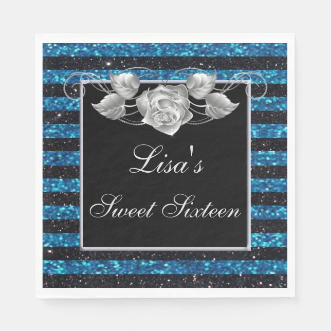 Elegant Blue Black Glitter Silver Rose Sweet 16 Napkin (Front)