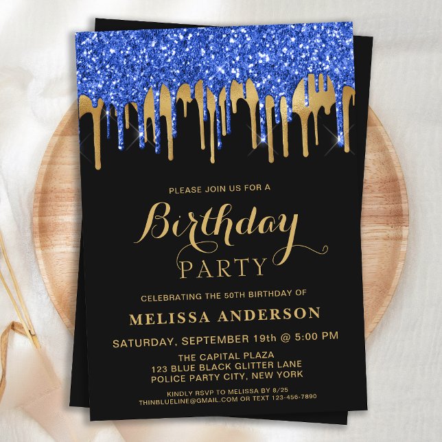 Elegant Blue Black Gold Glitter Drips Birthday Invitation (Creator Uploaded)