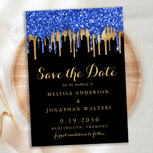 Elegant Blue Black Gold Glitter Drips Wedding Save The Date