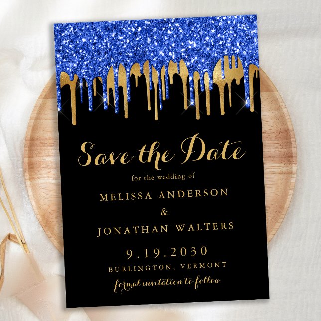 Elegant Blue Black Gold Glitter Drips Wedding Save The Date (Creator Uploaded)