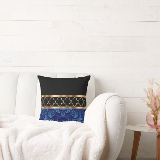 Elegant Blue, Black & Gold Quatrefoil Pattern Cushion (Couch)