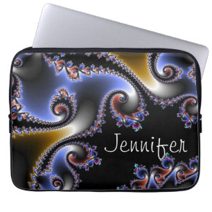 Elegant Blue Black Gold Swirl Name Fractal Laptop Sleeve