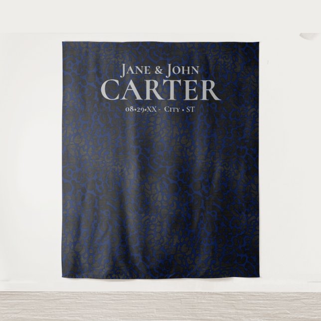 Elegant Blue Black Leopard Print Wedding Backdrop Tapestry (Front)