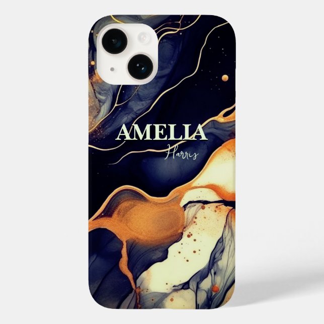 Elegant blue black marble art faux gold glitter Case-Mate iPhone case (Back)