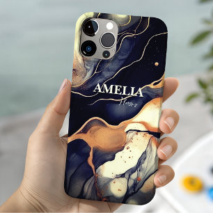 Elegant blue black marble art faux gold glitter Case-Mate iPhone 14 case