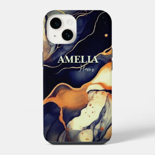 Elegant blue black marble art faux gold glitter iPhone 14 case