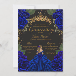 Elegant Blue Black Quinceañera Roses Gold Glitter Invitation