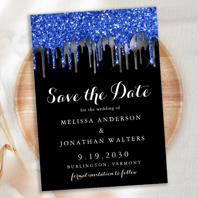 Elegant Blue Black Silver Glitter Drips Wedding Save The Date (Creator Uploaded)