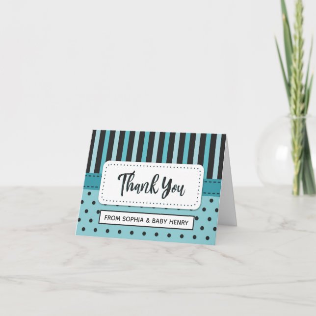 Elegant Blue Black Stripes Polka Dots Thank You Card (Front)