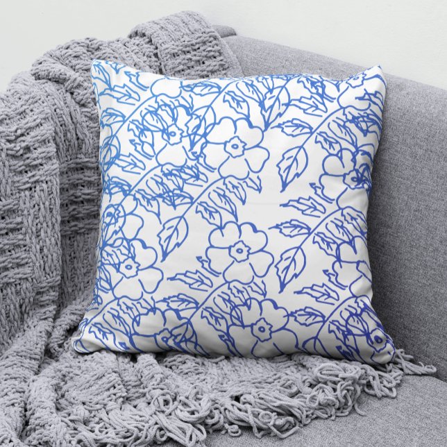 Elegant BLue Blossom FLoral print pattern on white Cushion (Creator Uploaded)