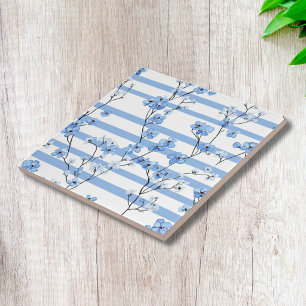 Elegant Blue Blossoms and Striped Floral Pattern Ceramic Tile