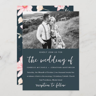 Elegant Blue Blush Floral Pattern Photo Wedding Invitation