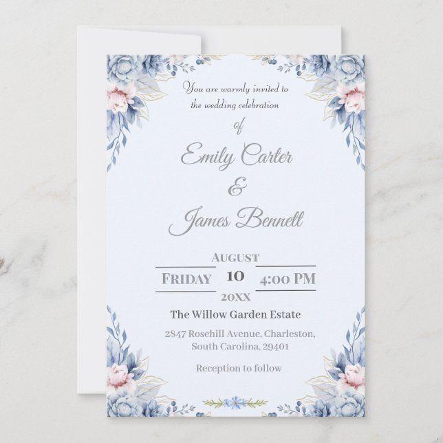 Elegant Blue & Blush Floral Wedding Invitation (Front)