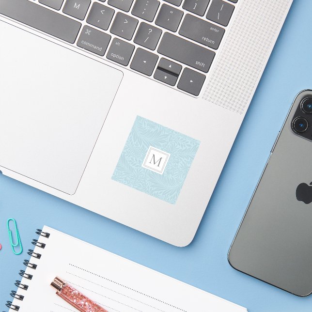 Elegant Blue Boho Botanical Pattern Monogram (Laptop w/ iPhone)