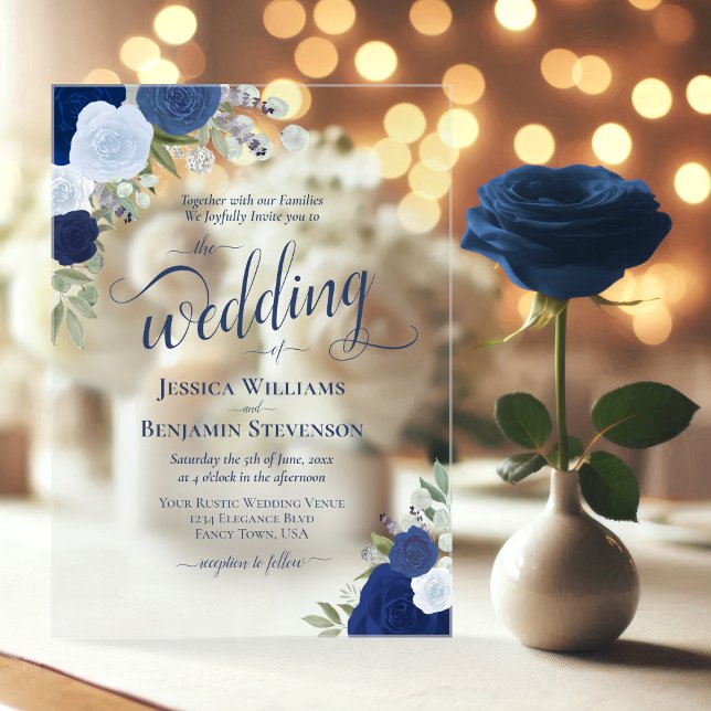 Elegant Blue Boho Chic Roses Fancy Wedding Acrylic Invitations (Clear Acrylic with Rectangle Cut)