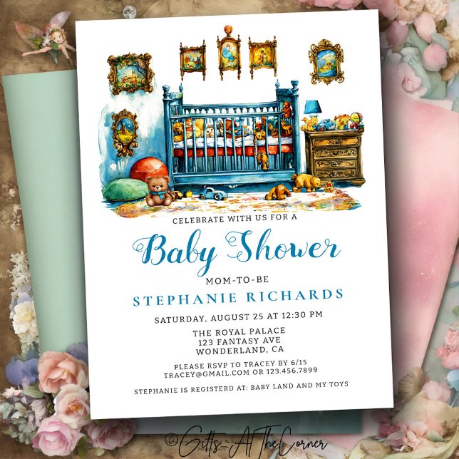 Elegant Blue Boho Crib Nursery Room Baby Shower  Invitation (Creator Uploaded)