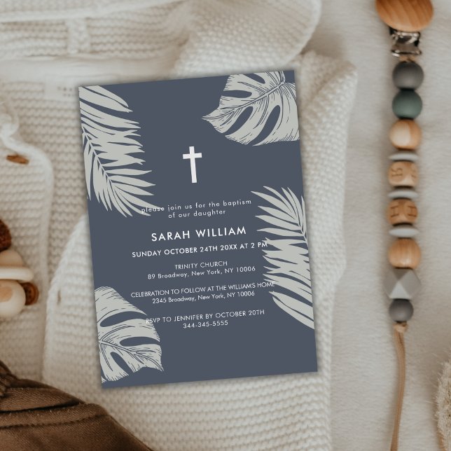 Elegant Blue Boho Leaves Cross Baptism  Invitation (Elegant Blue Boho Leave Gold Cross Baptism Invitation)