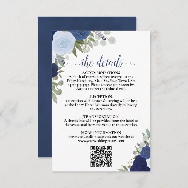 Elegant Blue Boho Roses Wedding Details QR Code Enclosure Card (Front/Back)