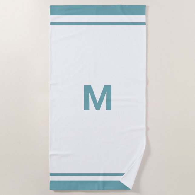 Elegant Blue Border Script Monogram Letter  Beach Towel (Front)