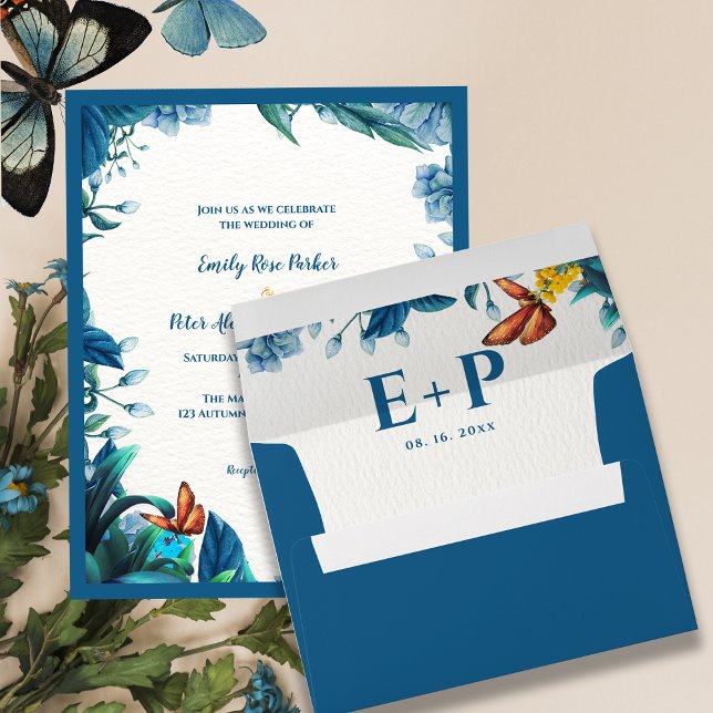 Elegant Blue Botanical Butterfly Monogram Wedding Envelope (Elegant Blue Botanical Butterfly Monogram Wedding Envelope)