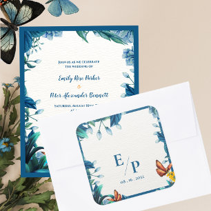 Elegant Blue Botanical Butterfly Monogram Wedding Square Sticker