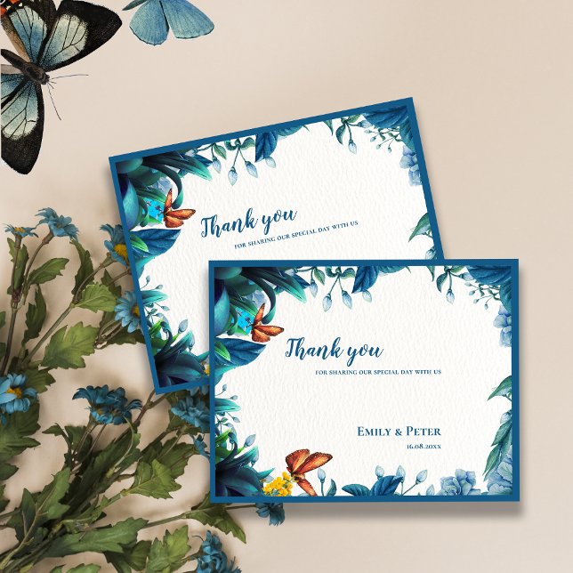 Elegant Blue Botanical Butterfly Wedding Thank You Postcard (Elegant Blue Botanical Butterfly Wedding Thank You Postcard)