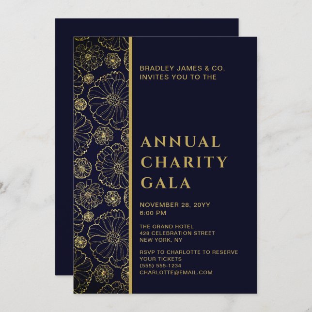 Elegant Blue Botanical Charity Event Gala Party Invitation (Front/Back)