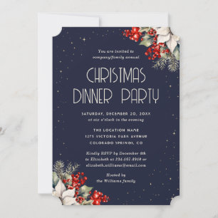 Elegant Blue Botanical Christmas Holiday Party Invitation
