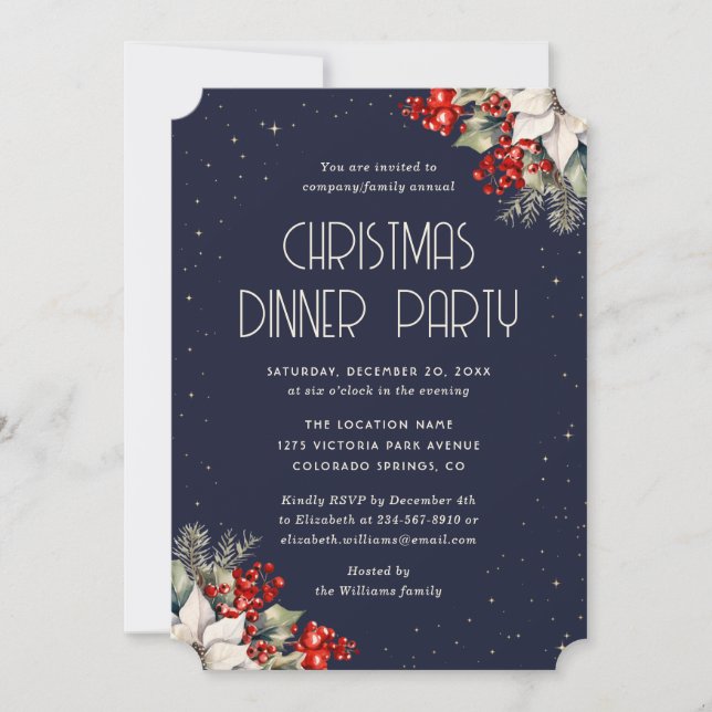 Elegant Blue Botanical Christmas Holiday Party Invitation (Front)