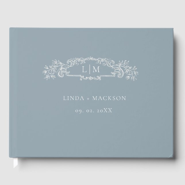 Elegant Blue botanical crest monogram wedding Guest Book (Front)