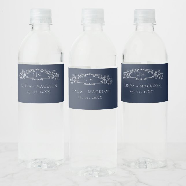 Elegant Blue botanical crest monogram wedding Water Bottle Label (Bottles)