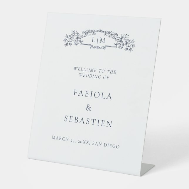 Elegant Blue botanical crest monogram Welcome sign (Front)