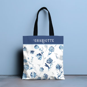 Elegant Blue Botanical Floral Personalised Name Tote Bag