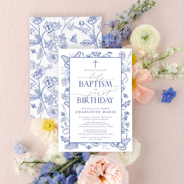 Elegant Blue Botanical Holy Baptism & 1st Birthday Invitation (Easily personalize this beautiful baptism and first birthday invitation with your personal details)
