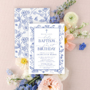 Elegant Blue Botanical Holy Baptism & 1st Birthday Invitation
