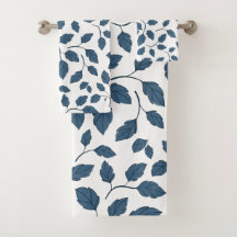 Elegant Blue Botanical Leaves Towels