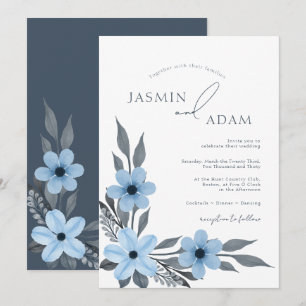 Elegant Blue Botanical Monogram Wedding Invitation