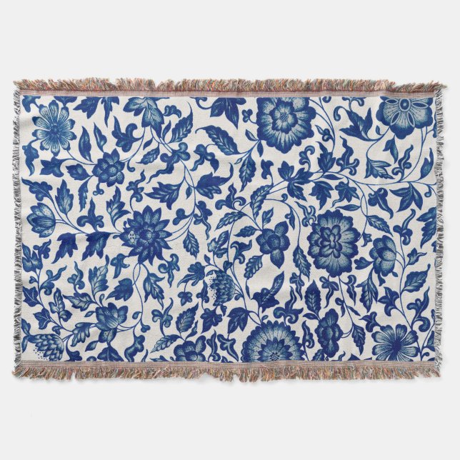 Elegant Blue Botanical Pattern – Woven Throw Blank (Front)