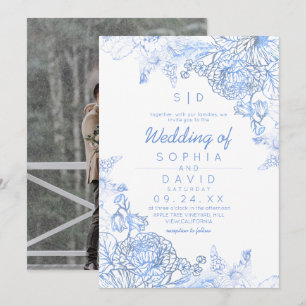 Elegant Blue Botanical Photo Wedding Invitation