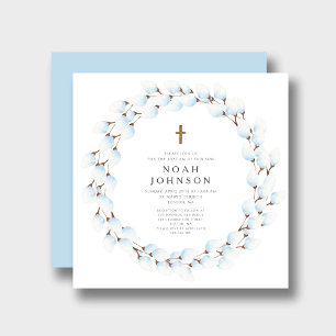 Elegant Blue Botanical Religious Boy Baptism  Invitation