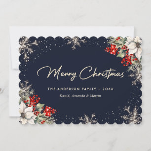 Elegant Blue Botanical Snowflake Christmas Card