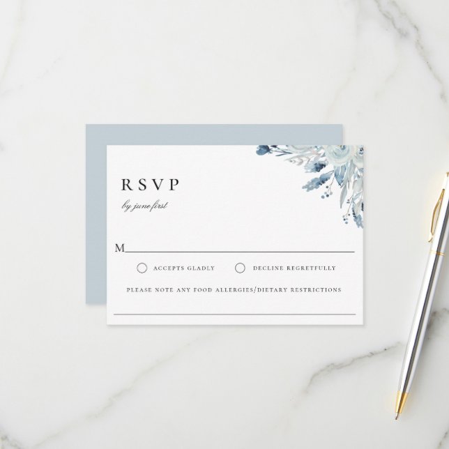 Elegant Blue Botanical Wedding Food Allergy RSVP (Front/Back In Situ)