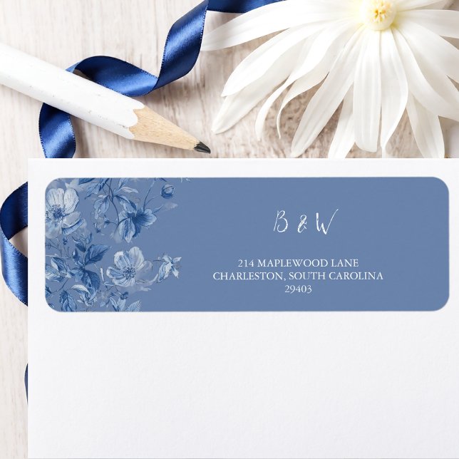 Elegant Blue Botanical Wedding Return Address  Label (Elegant Blue Botanical Wedding Return Address Label)