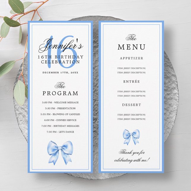 Elegant Blue Bow 16th Birthday Party Program Menu  (Elegant Blue Bow 16th Birthday Party Program Menu )