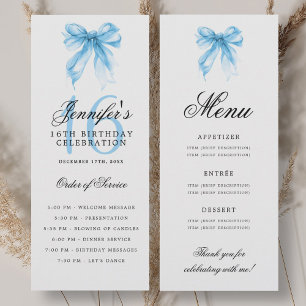 Elegant Blue Bow 16th Birthday Program Menu