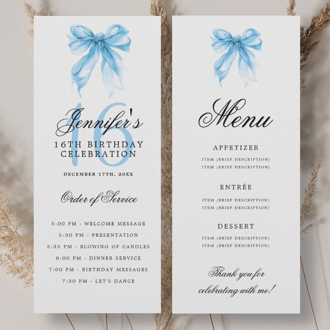 Elegant Blue Bow 16th Birthday Program Menu (Elegant Blue Bow 16th Birthday Program Menu)