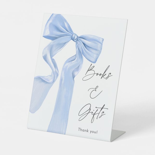Elegant Blue Bow Baby Shower Books and Gifts Pedestal Sign (Front)