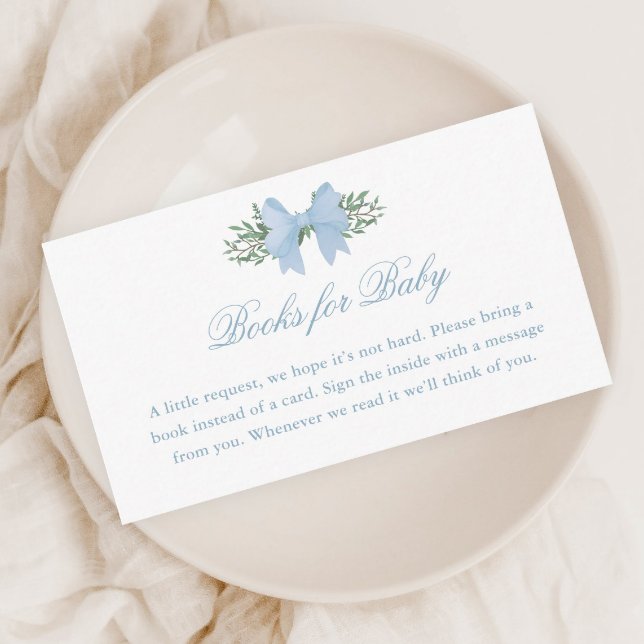 Elegant Blue Bow Baby Shower Books for Baby Enclosure Card (Elegant blue bow greenery books for baby shower enclosure cards.)