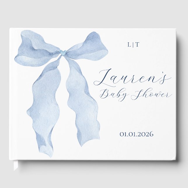 Elegant Blue Bow Baby Shower Guest Book (Front)