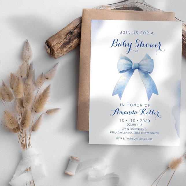 Elegant Blue Bow Baby Shower Invitation (Creator Uploaded)